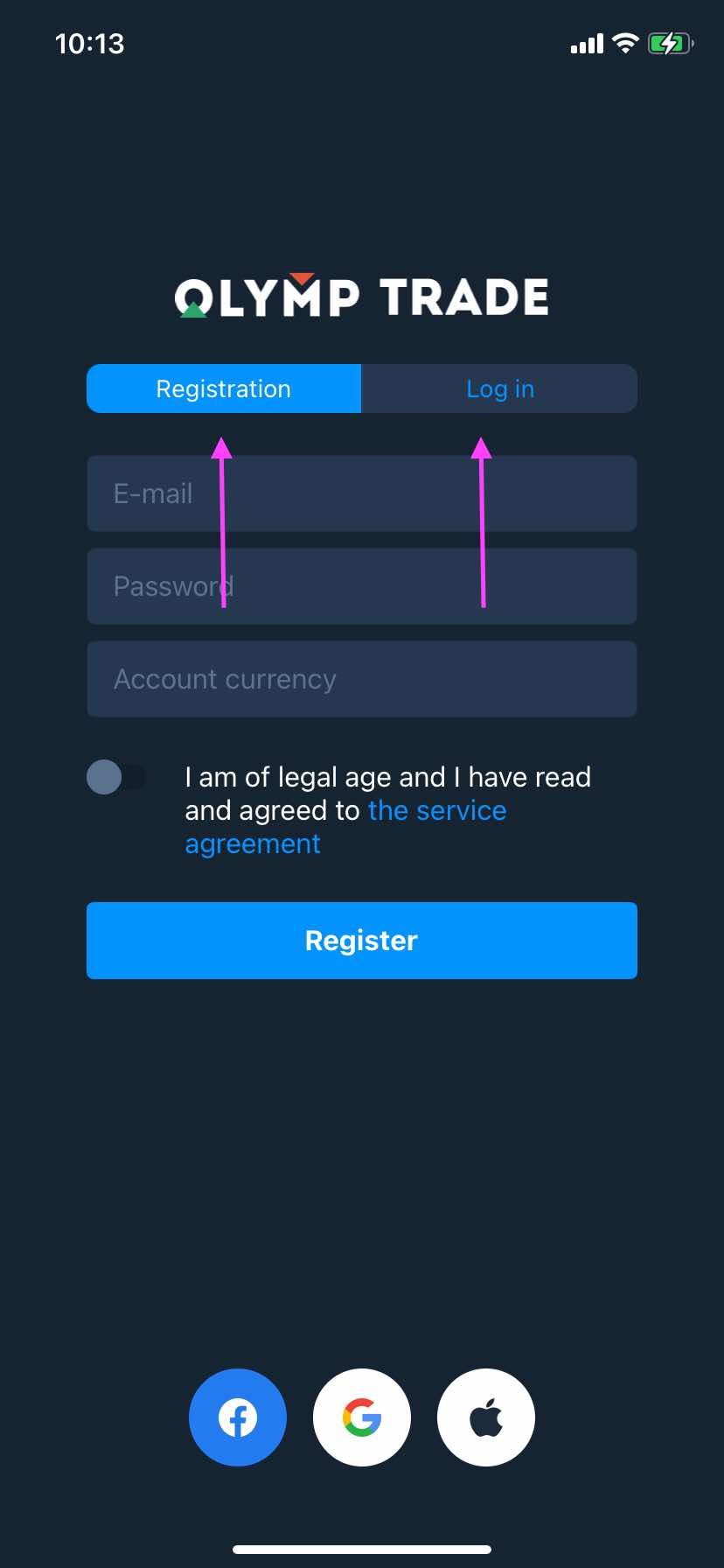 Login, ou registre uma conta Olymp Trade pelo aplicativo